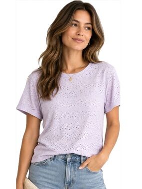 ICHI Lavender Eyelet Loose Crew Neck T-Shirt Blouse XS